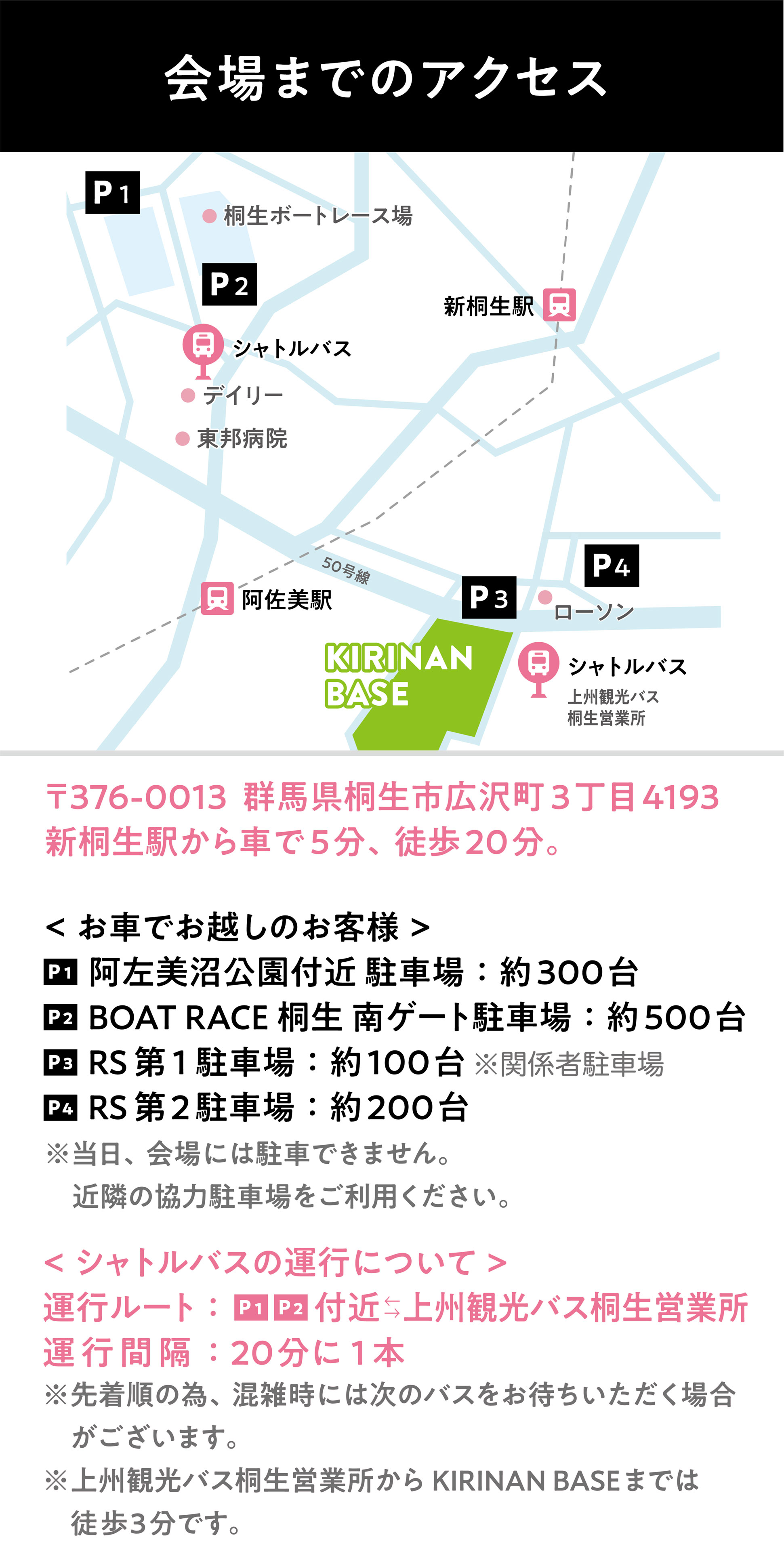 レンタルスペースKIRINANBASE 〒376-0013群馬県桐生市広沢3丁目4193 新桐生駅から車で5分、徒歩20分[お車でお越しのお客様]P1_BOATRACE桐生南ゲート駐車場：約500台｜P2_RS第1駐車場：約100台｜P3_RS第2駐車場：約200台[シャトルバスの運行について]運行ルート：駐車場1付近から上州観光バス桐生営業所｜運行間隔：20分に1本※先着のため、混雑時には次のバスをお待ちいただく場合がございます。※上州観光バス桐生営業所からKIRINANBASEまでは徒歩3分です。